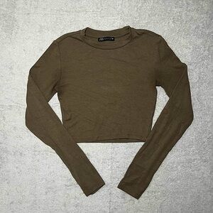 Zara Brown Long Sleeve Cropped Shirt